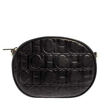 Pre Owned Carolina Herrera Black Embossed Leather Oval Shoulder Bag