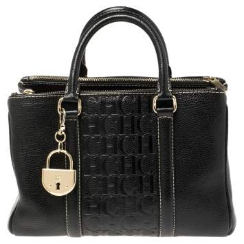 Pre Owned Carolina Herrera Black Monogram Leather Andy Tote