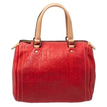 Pre Owned Carolina Herrera Red/Beige Monogram Embossed Leather Andy Satchel