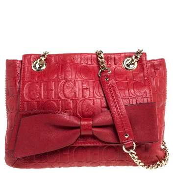 Pre Owned Carolina Herrera Red Monogram Leather Audrey Shoulder Bag