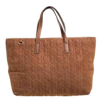 Pre Owned Carolina Herrera Brown Monogram Embossed Leather Shopper Tote