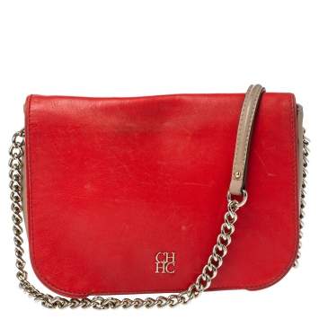 Pre Owned Carolina Herrera Tri Color Leather Flap Chain Shoulder Bag