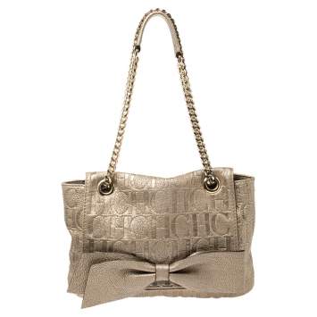 Pre Owned Carolina Herrera Light Gold Monogram Leather Audrey Shoulder Bag