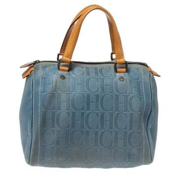 Pre Owned Carolina Herrera Light Blue Embossed Leather Andy Boston Bag