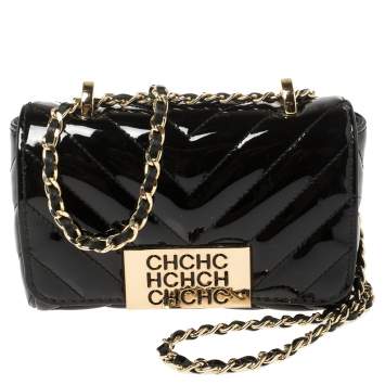 Pre Owned Carolina Herrera Black Chevron Quilt Patent Leather Mini Bimba Chain Bag