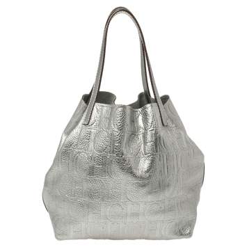 Pre Owned Carolina Herrera Metallic Silver Monogram Leather Matryoshka Tote
