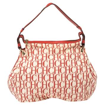 Pre Owned Carolina Herrera Red Signature Canvas and Leather Double Strap Hobo