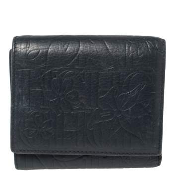 Pre Owned Carolina Herrera Navy Blue Monogram Leather Trifold Compact Wallet
