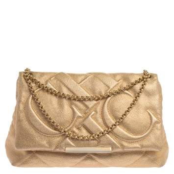 Pre Owned Carolina Herrera Metallic Gold Quilted Leather Flap Chain Shoulder Bag