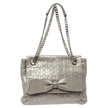 Pre Owned Carolina Herrera Silver Embossed Leather Audrey Shoulder Bag
