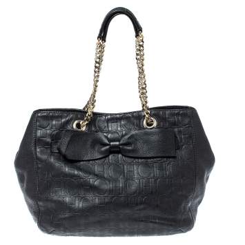 Pre Owned Carolina Herrera Black Monogram Leather Audrey Tote