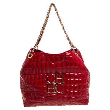 Pre Owned Carolina Herrera Red Croc Embossed Patent Leather Logo Chain Shoulder Bag