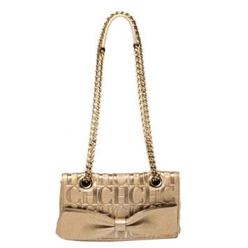 Pre Owned Carolina Herrera Gold Monogram Leather Audrey Shoulder bag