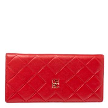 Pre Owned Carolina Herrera Preppy Red Quilted Leather Flap Wallet