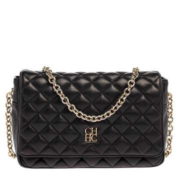 Pre Owned Carolina Herrera Black Quilted Leather Flap Chain Shoulder Bag