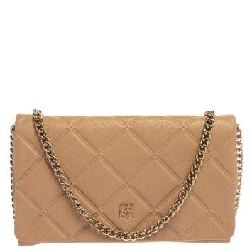 Pre Owned Carolina Herrera Beige Quilted Embossed Leather Flap Chain Clutch