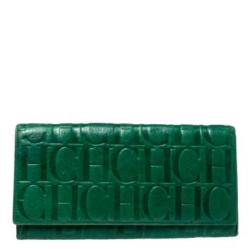 Pre Owned Carolina Herrera Green Monogram Leather Oversize Continental Wallet
