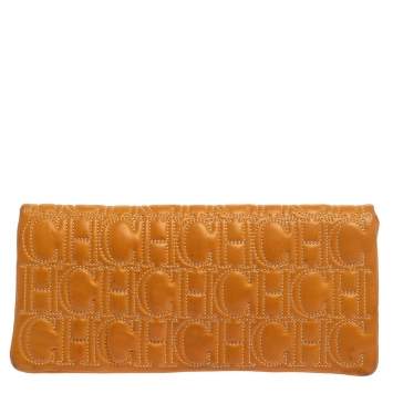 Pre Owned Carolina Herrera Mustard Monogram Embossed Leather Flap Clutch