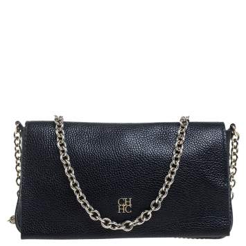 Pre Owned Carolina Herrera Navy Blue Leather Flap Crossbody Bag