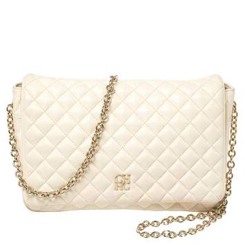 Pre Owned Carolina Herrera Off White Quilted Leather Flap Crossbody Bag