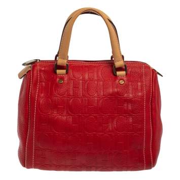 Pre Owned Carolina Herrera Red/Beige Monogram Embossed Leather Andy Boston Bag