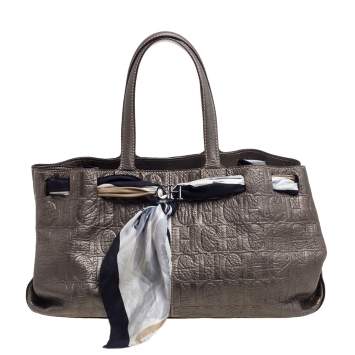 Pre Owned Carolina Herrera Metallic Grey Monogram Embossed Leather Scarf Tote