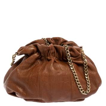 Pre Owned Carolina Herrera Brown Embossed Leather Bucket Shoulder Bag