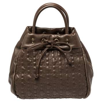 Pre Owned Carolina Herrera Dark Brown Monogram Quilted Leather Drawstring Tote