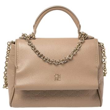 Pre Owned Carolina Herrera Beige Leather Mini Minuetto Top Handle Bag