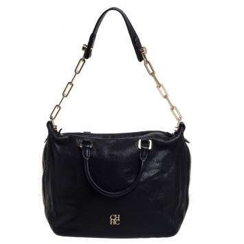 Pre Owned Carolina Herrera Black Leather Zip Satchel 