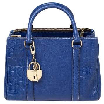 Pre Owned Carolina Herrera Blue Monogram Leather Matteo Tote