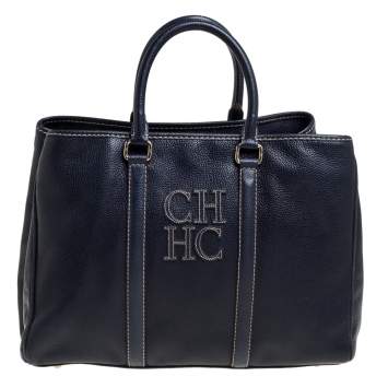 Pre Owned Carolina Herrera Navy Blue Pebbled Leather Large Matteo Tote