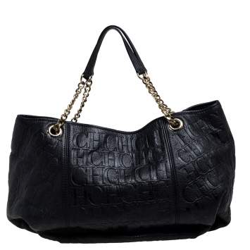 Pre Owned Carolina Herrera Black Monogram Leather Chain Hobo