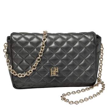 Pre Owned Carolina Herrera Dark Grey Quilted Leather Flap Chain Bag