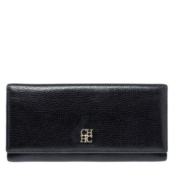 Pre Owned Carolina Herrera Black Leather Flap Continental Wallet