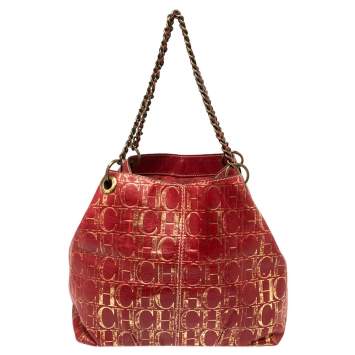 Pre Owned Carolina Herrera Red/Gold Monogram Leather Chain Tote