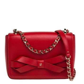 Pre Owned Carolina Herrera Red Leather Bow Flap Shoulder Bag