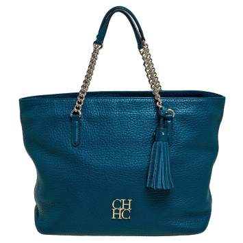 Pre Owned Carolina Herrera Dark Green Leather Tassel Zip Tote
