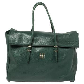 Pre Owned Carolina Herrera Green Leather Flap Tote