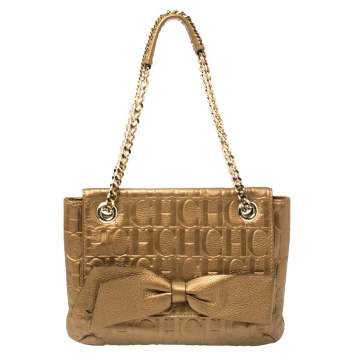 Pre Owned Carolina Herrera Gold Monogram Leather Audrey Shoulder Bag