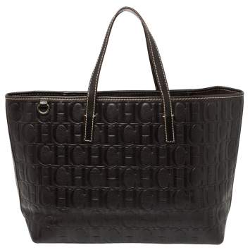 Pre Owned Carolina Herrera Dark Brown Monogram Embossed Leather Shopper Tote