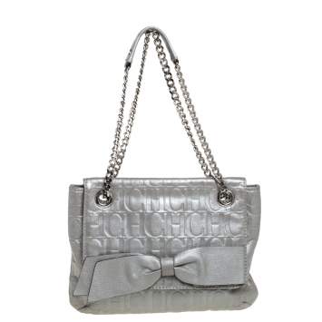 Pre Owned Carolina Herrera Silver Monogram Leather Audrey Shoulder Bag