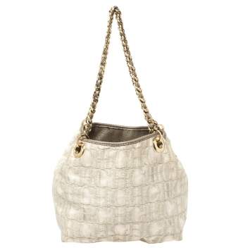 Pre Owned Carolina Herrera White/Grey Shimmer Monogram Fabric and Leather Chain Tote