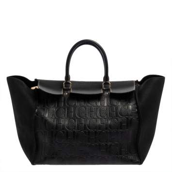 Pre Owned Carolina Herrera Black Monogram Embossed Leather Vendome Tote