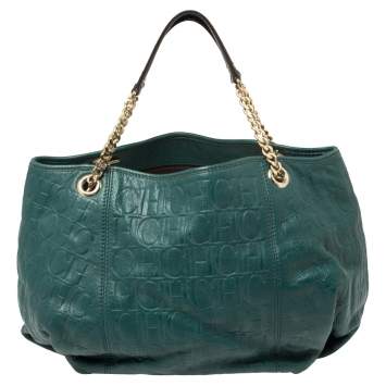 Pre Owned Carolina Herrera Green Monogram Leather Chain Hobo