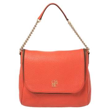 Pre Owned Carolina Herrera Orange Leather Zip Hobo
