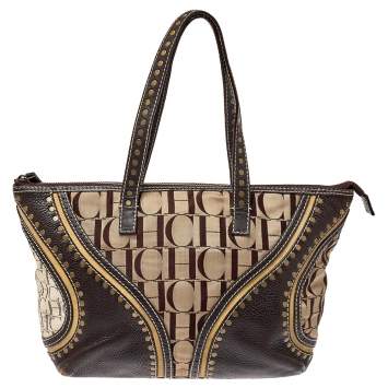 Pre Owned Carolina Herrera Beige/Brown Signature Studded Canvas and Leather Satchel