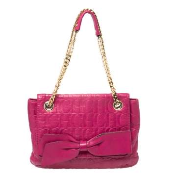 Pre Owned Carolina Herrera Fuchsia Monogram Leather Audrey Shoulder Bag