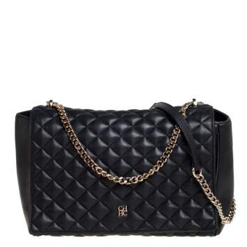 Pre Owned Carolina Herrera Black Quilted Leather Flap Chain Shoulder Bag