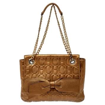 Pre Owned Carolina Herrera Gold Monogram Leather Audrey Shoulder Bag